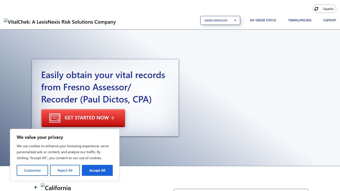 Fresno Assessor/ Recorder (Paul Dictos, CPA) (CA) | Order Certificates - VitalChek